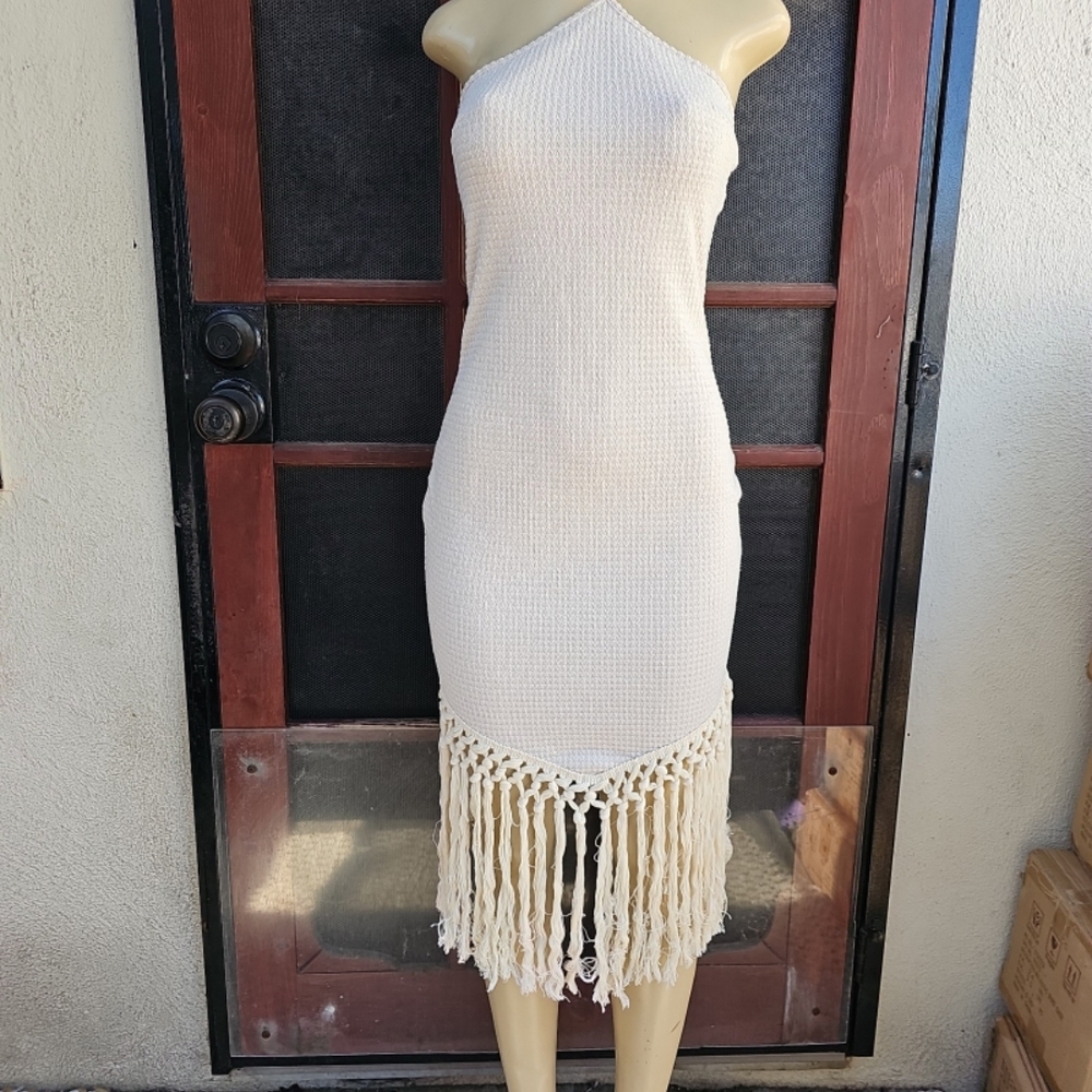 SHEIN Cream Strapless Dress with Fringe